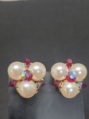 Sherman Pearl Cluster Clip On Earrings with Pink Crystal Accents